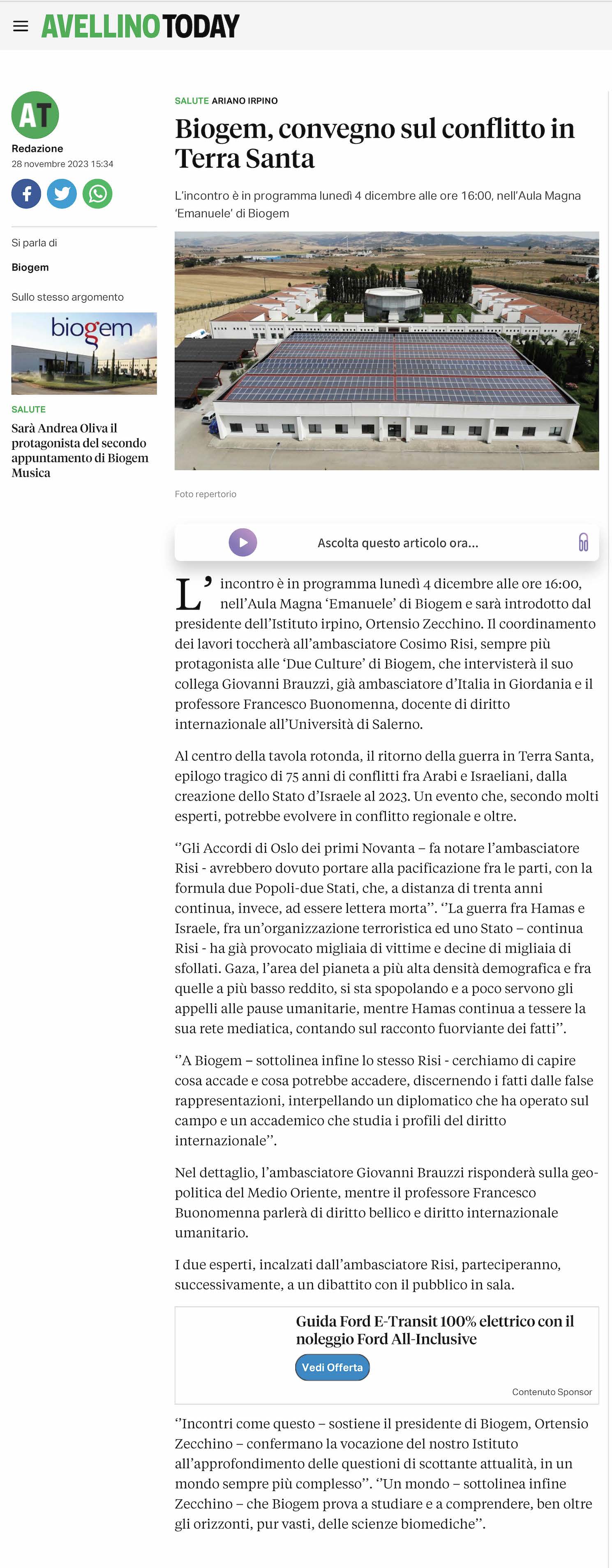 Biogem, convegno sul conflitto in Terra Santa